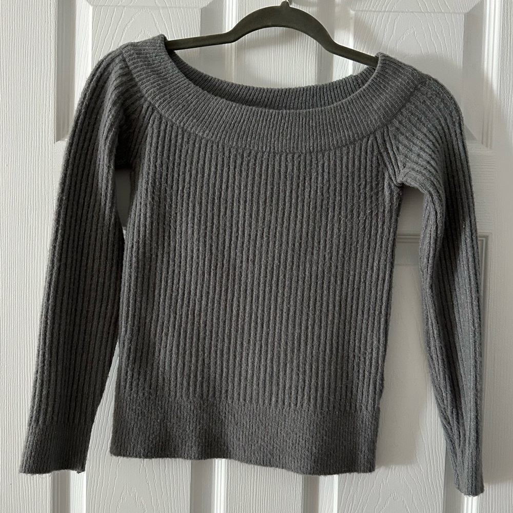 Grey / Gray Off the Shoulder Long Sleeve Scoop Neck Sweater